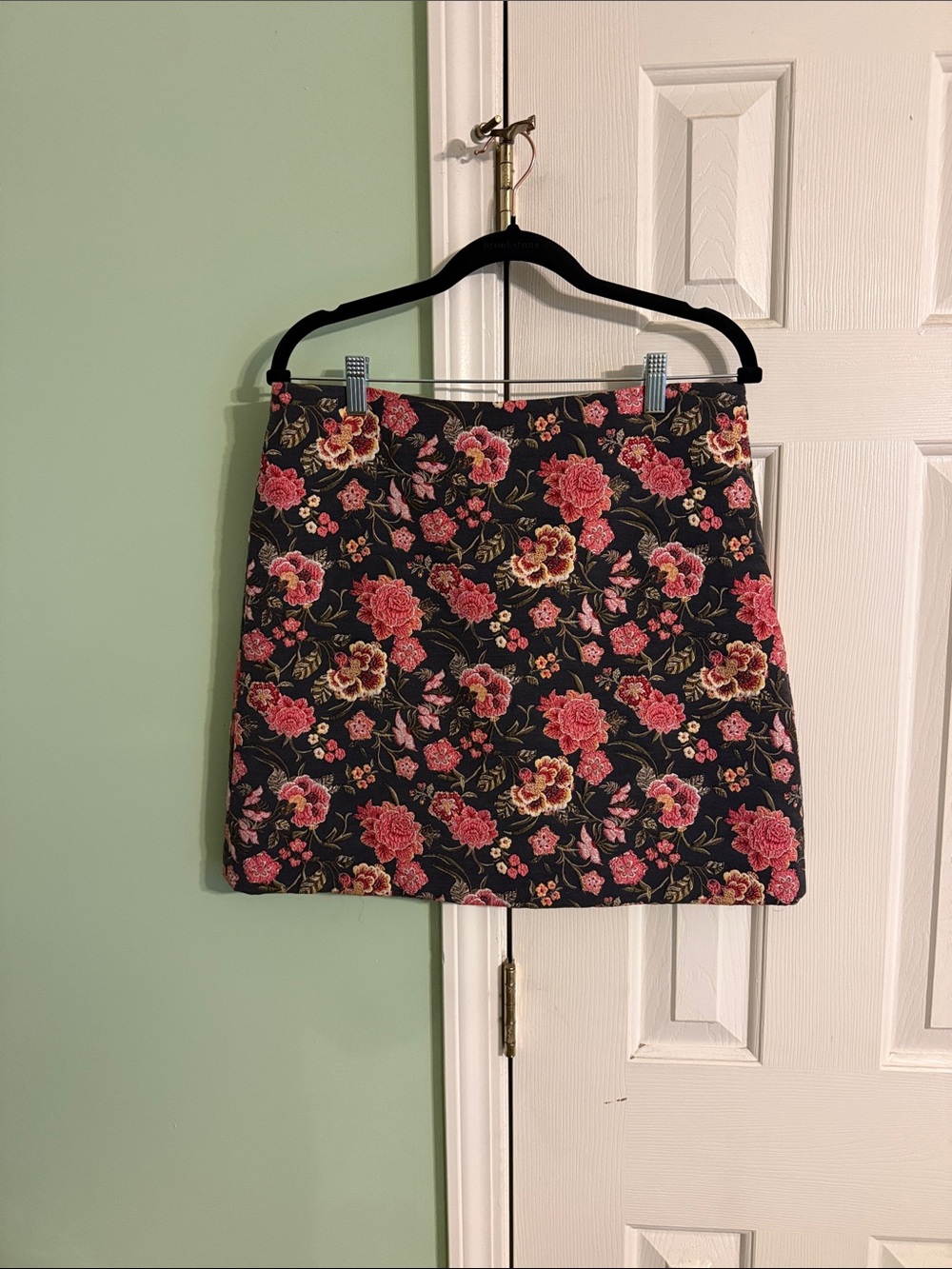 LOFT Black Mini Skirt with Pink Floral Pattern